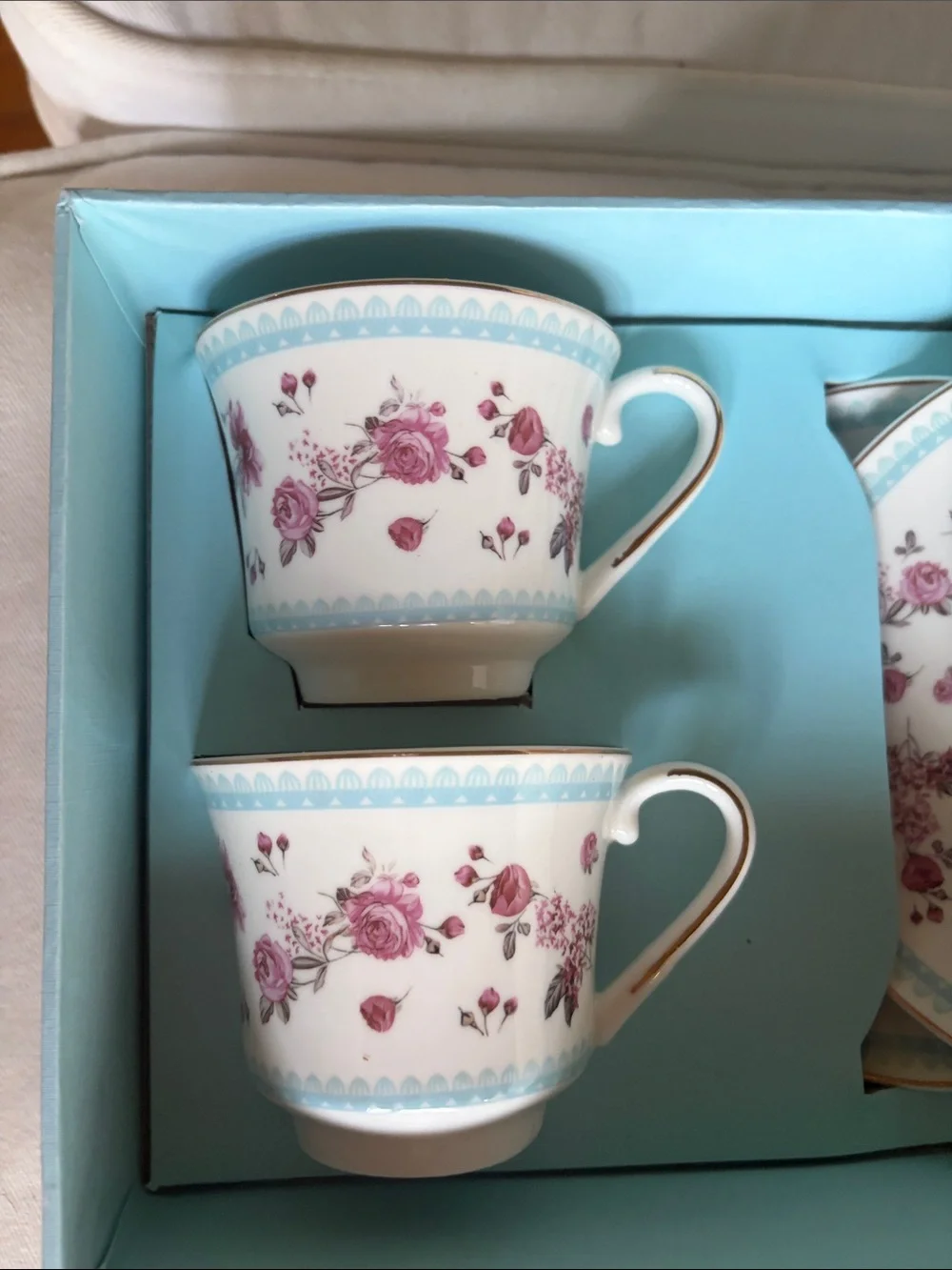 Shabby Chic Pink Rose Teacup and Saucer Set with Blue Trim